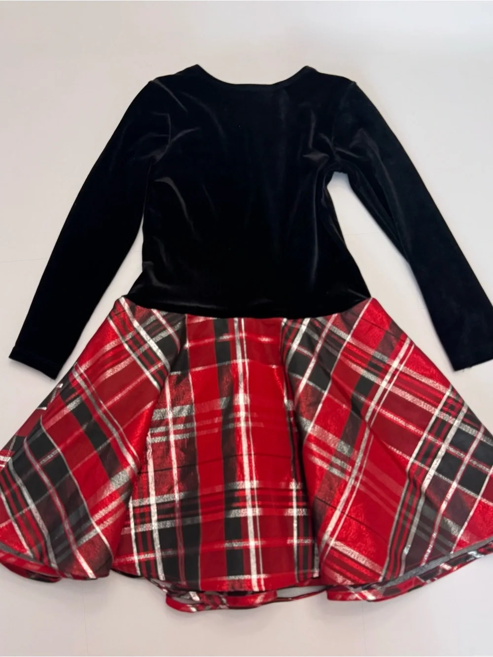 Bonnie Jean Black Velvet Top Red Plaid Skirt Dress with Silver Bow
